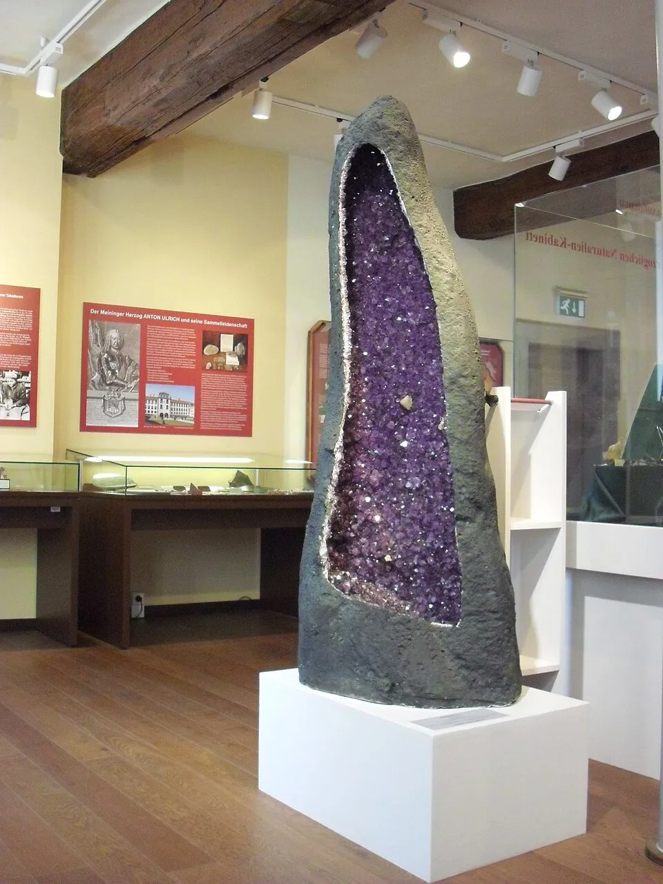 A tall amethyst geode displayed in a gallery